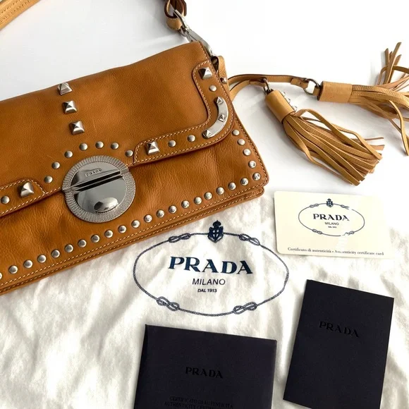 Prada Tan Leather Studded Shoulder Bag - Picture 13 of 13